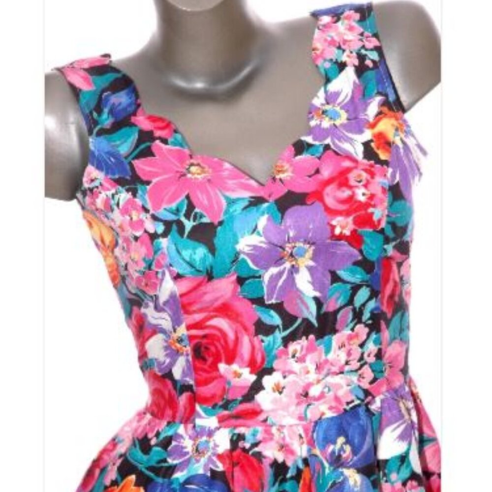 Vintage 80s Tea Garden Dress Floral Sleeveless Summer Circle Tulle Pin Up 7/8